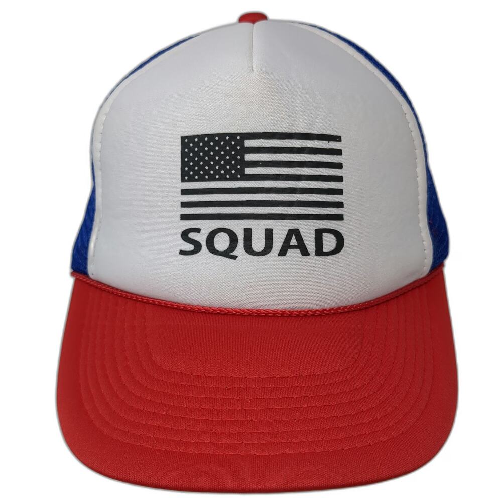 Blue White Red Trucker Hat One Size SQUAD American Flag Mesh Rope Snapback USA